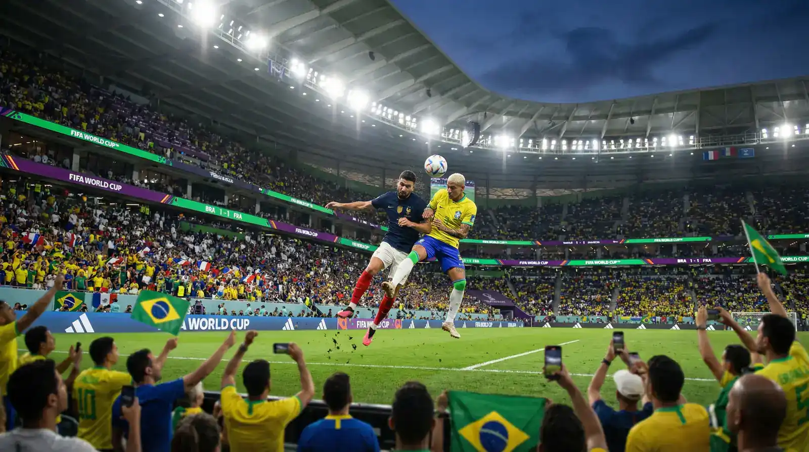 Dynamische Spielszene während eines Fußballspiels im vollen Stadion