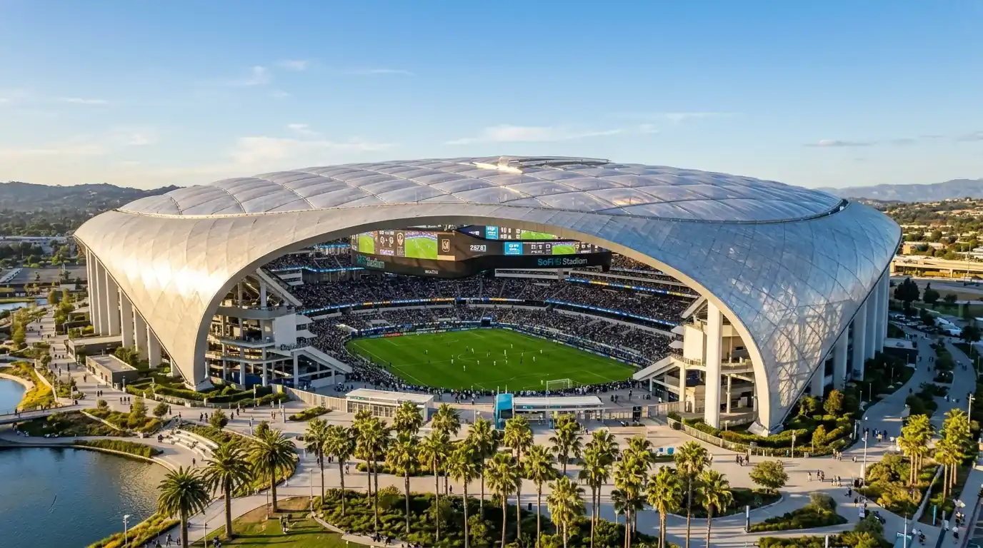 SoFi Stadium in Inglewood bei Los Angeles, Austragungsort der WM 2026 mit dem charakteristischen transparenten Dach
