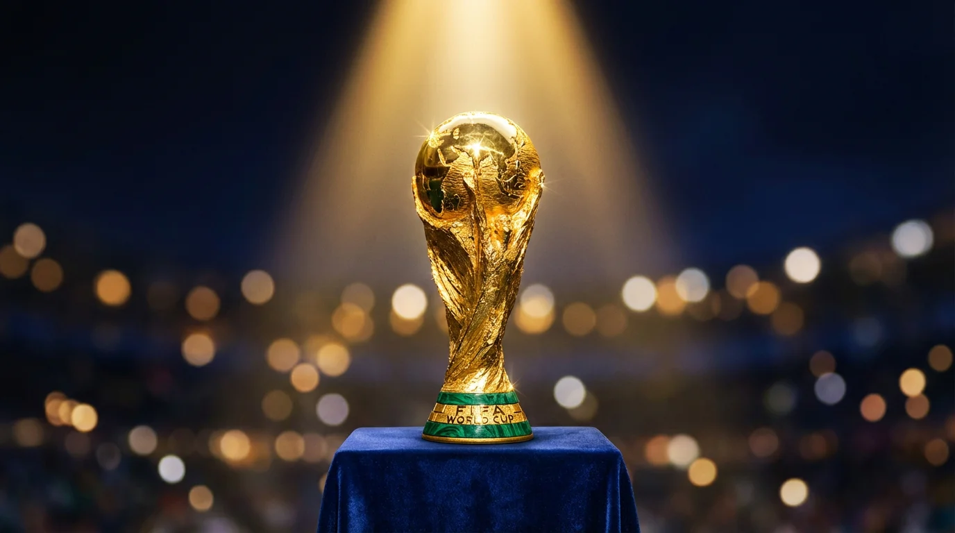 Die WM 2026 Favoriten Flaggen von Frankreich Deutschland Argentinien England Spanien Brasilien mit Pokal-Silhouette