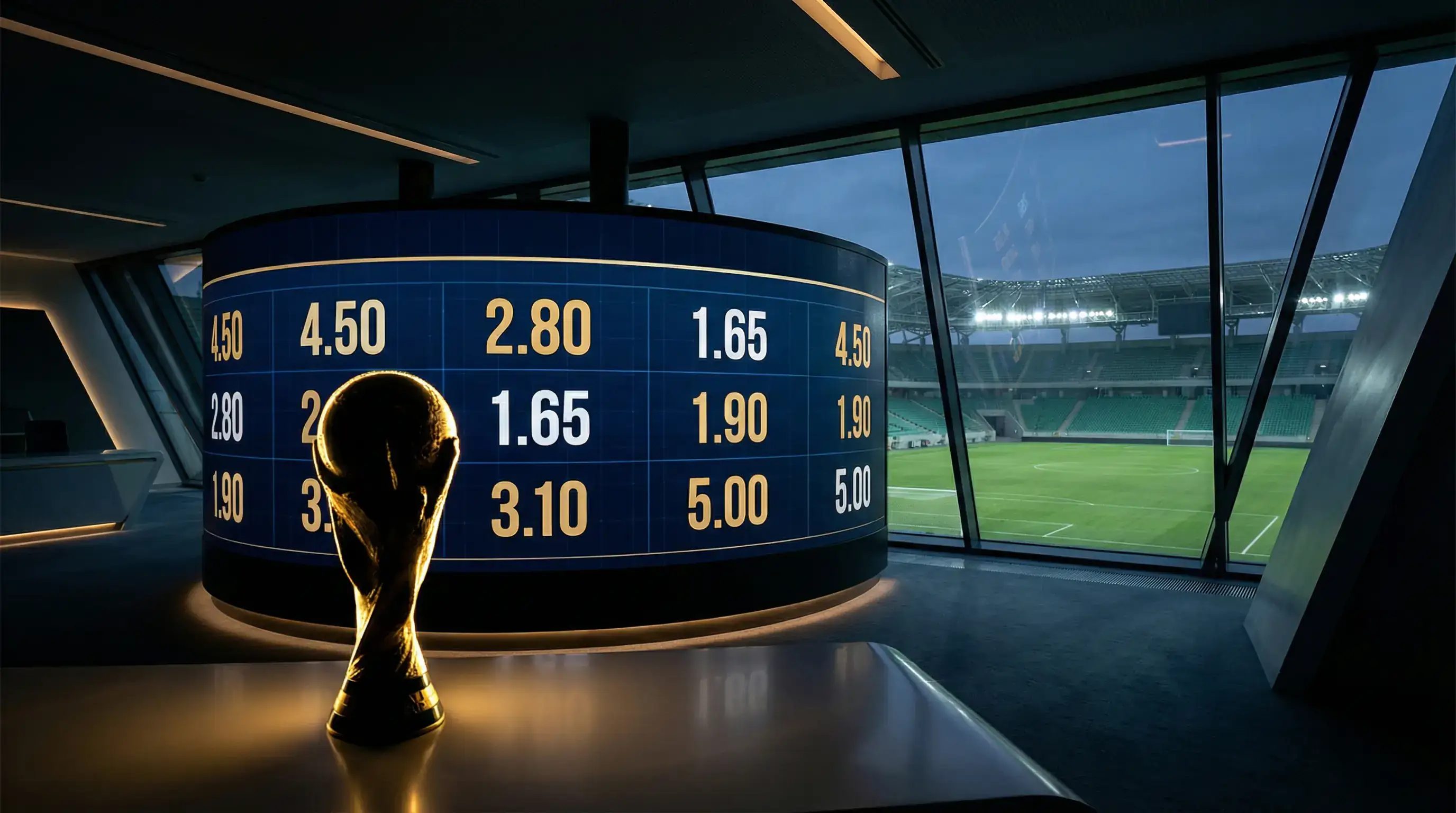 Vergleich der WM 2026 Wettquoten für Turniersieger, Gruppensieger und Torschützenkönig mit Quotentafel und Fußballstadion
