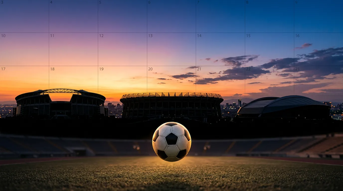 WM 2026 Spielplan Kalender mit Daten Juni bis Juli und Stadionsilhouetten in USA Mexiko Kanada