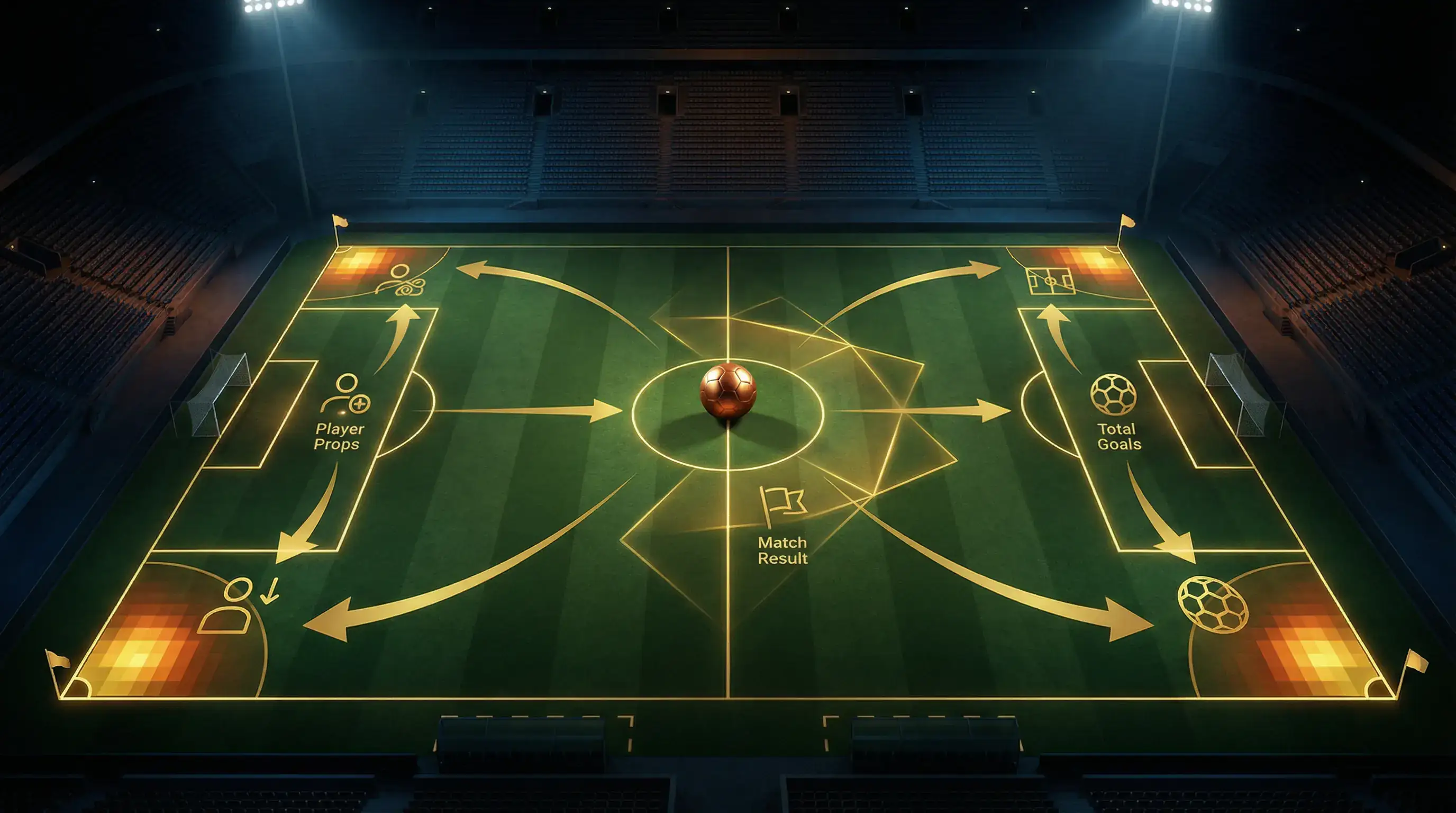 Übersicht der verschiedenen WM 2026 Wettarten von Siegwetten über Handicap bis zu Spezialwetten mit Fußballfeld-Grafik