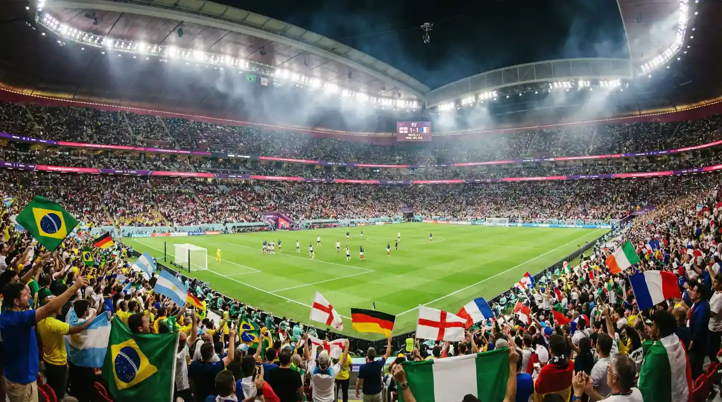 Fußballstadion während eines WM-Spiels mit begeisterten Fans und Anzeigetafel